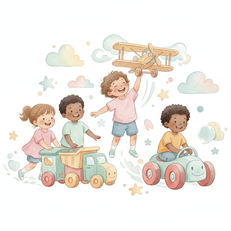 Watercolor of children playing with toy vehicles