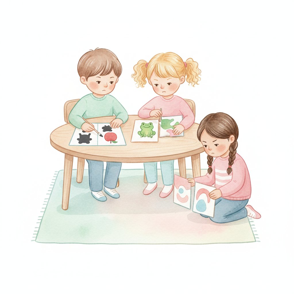 Preschoolers matching silhouettes to pictures and fitting picture halves together