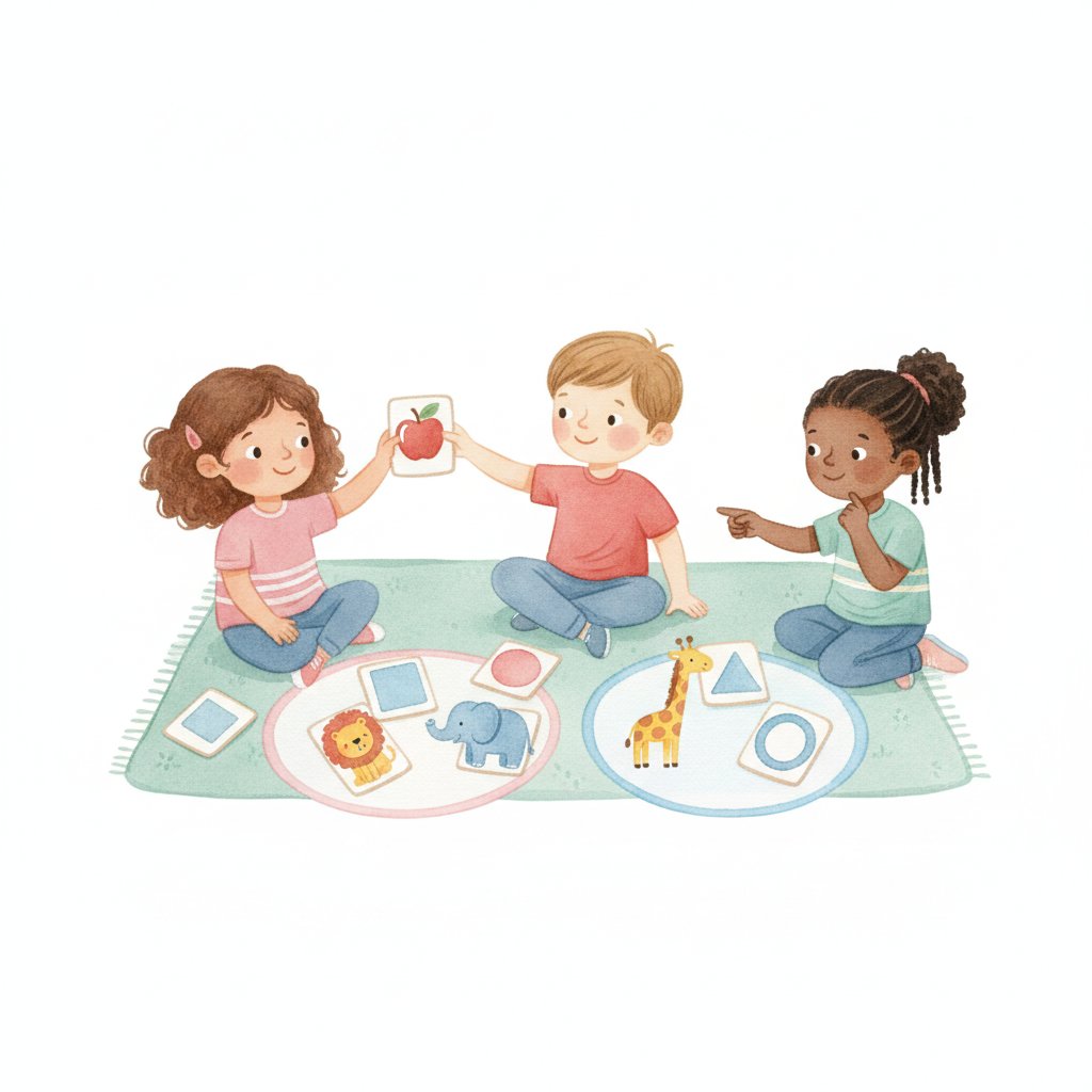 Watercolor of children sorting cards and finding what does not belong