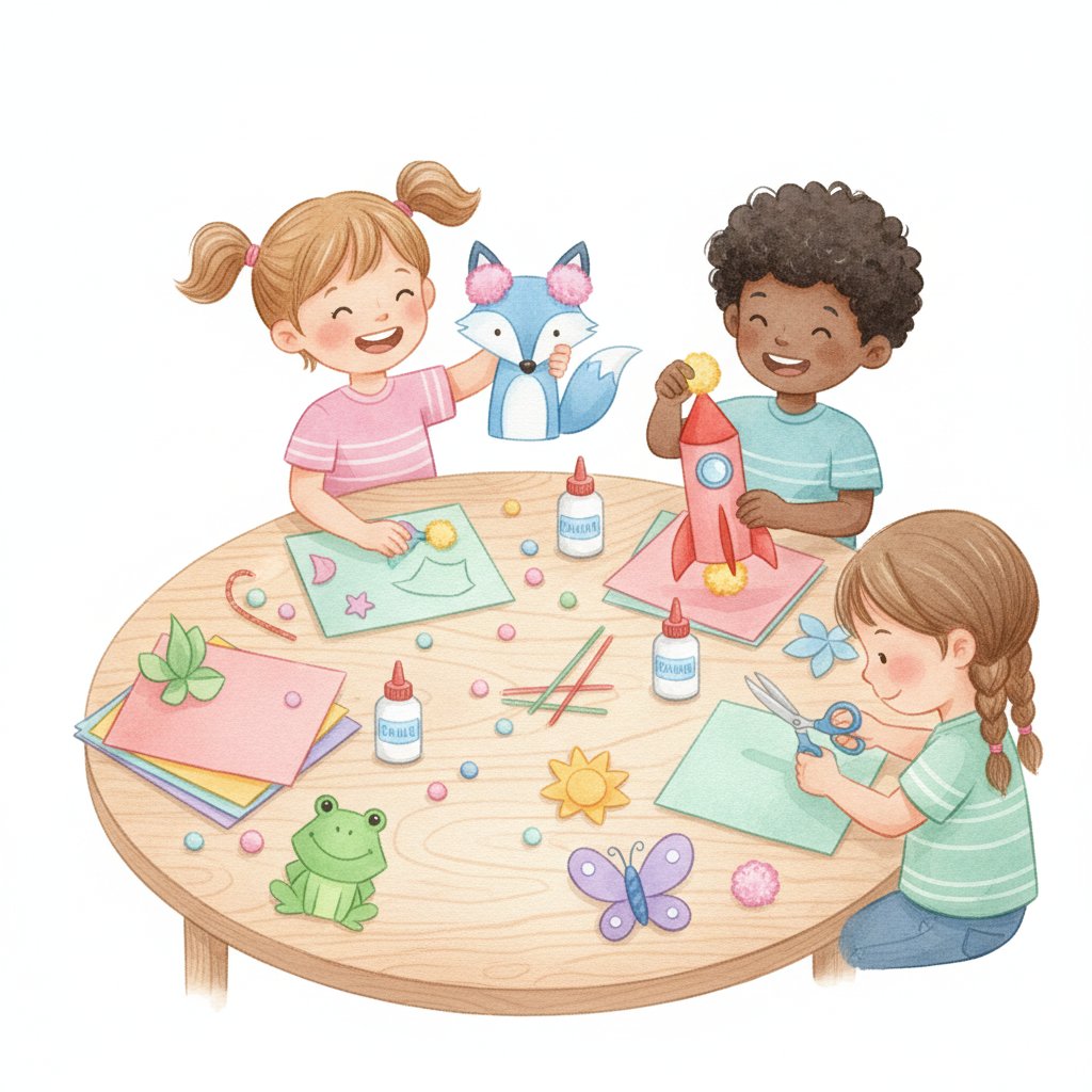 Young children making paper animal and object crafts with glue and pompoms