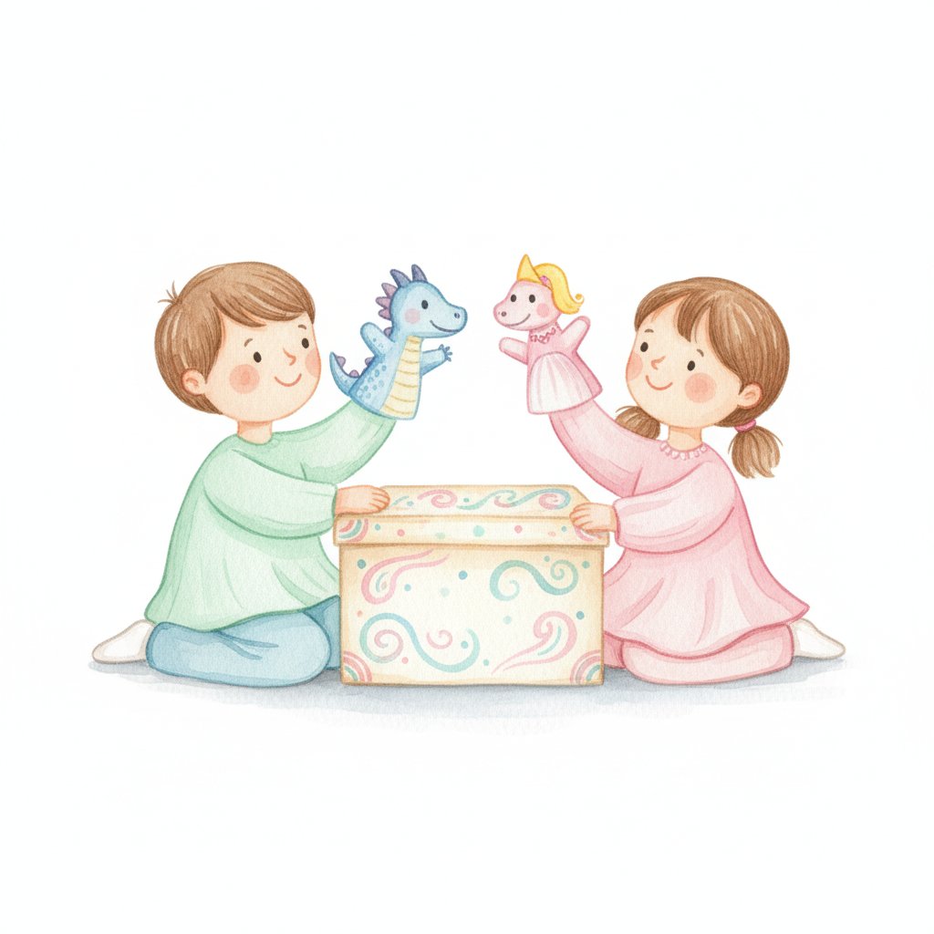 Watercolor illustration of two children making hand puppets act out a story together