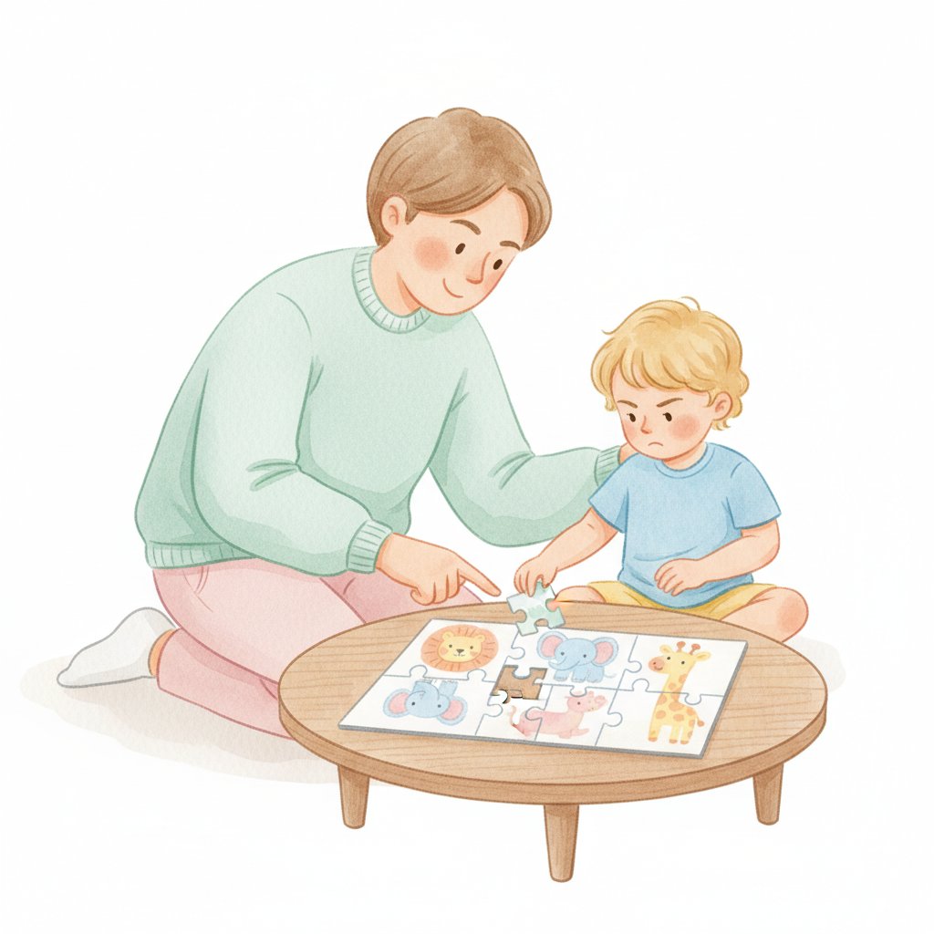 Watercolor illustration of an adult encouraging a child working hard on a puzzle