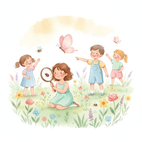 Watercolor illustration of children exploring nature outdoors in a meadow with a magnifying glass and butterflies