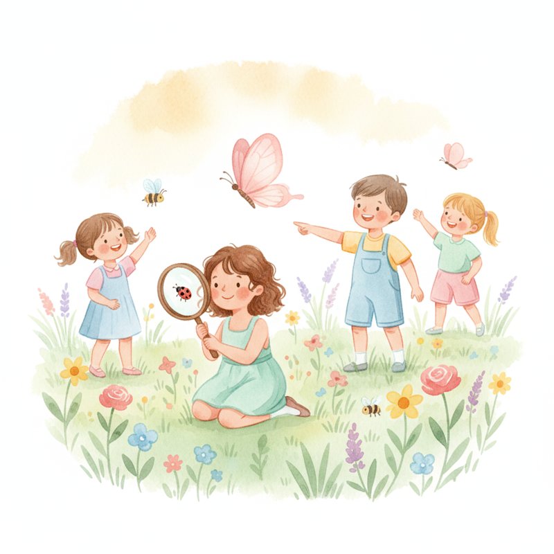 Watercolor illustration of children exploring nature outdoors in a meadow with a magnifying glass and butterflies