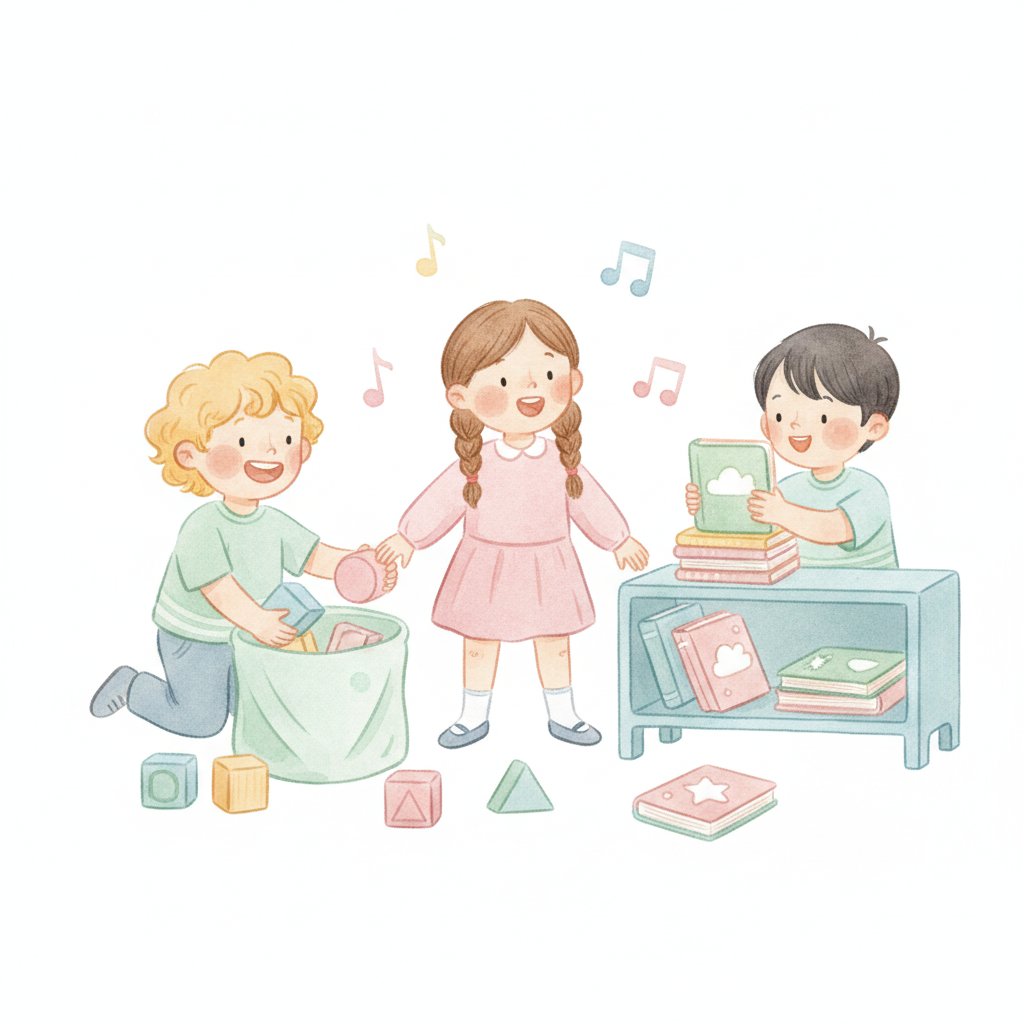 Children tidying toys into bins while singing a clean-up song