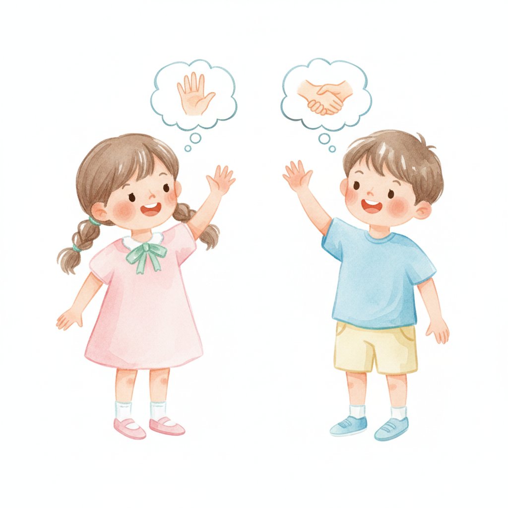 Two children greeting each other warmly with polite words