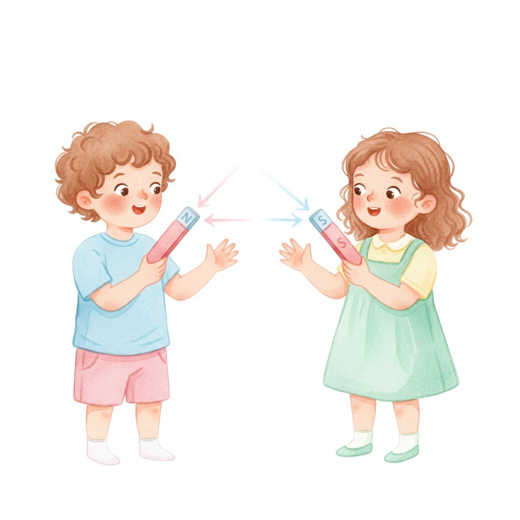 Two children experimenting with bar magnets pushing apart and pulling together