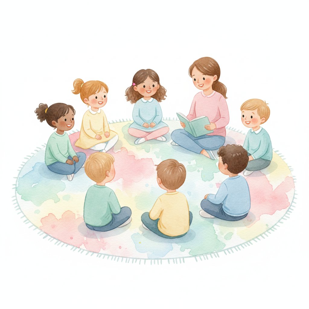 Young children sitting in a classroom circle listening to their teacher