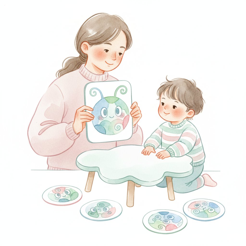A parent showing a colorful character card to an attentive seated child