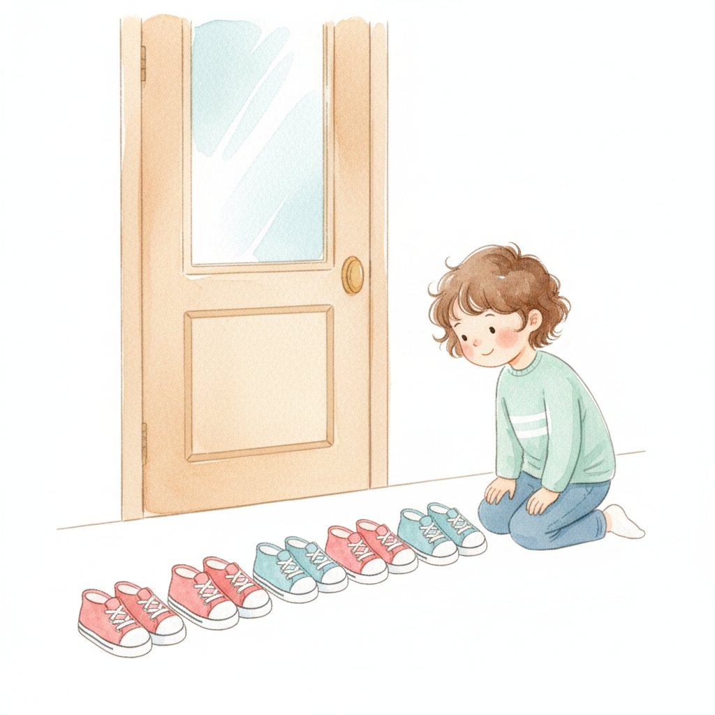Watercolor illustration of a child arranging shoes by the door in an alternating red and blue pattern