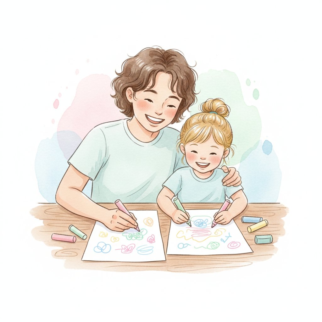 Watercolor illustration of a parent and child coloring with crayons at a kitchen table