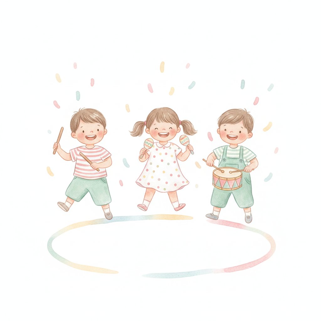 Watercolor of cheerful preschoolers playing rhythm sticks and drums in a parade