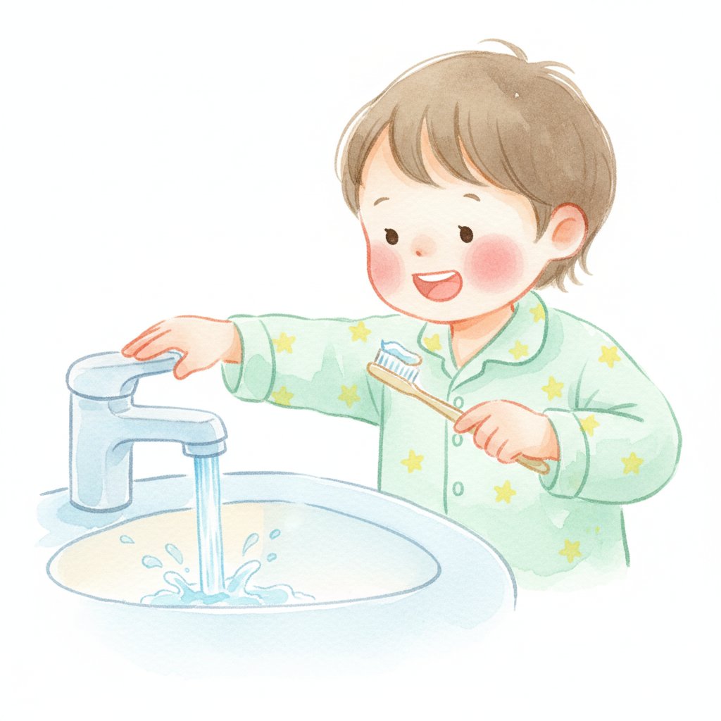 Watercolor illustration of a child turning off a running faucet to save water while brushing teeth