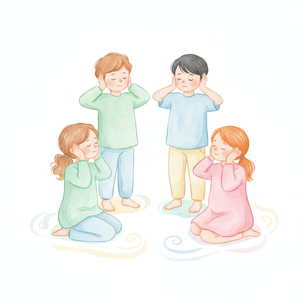 Young children with eyes closed listening carefully during a sound awareness game