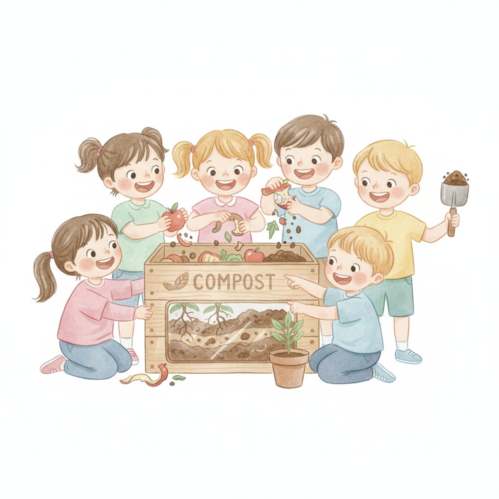 Children adding fruit and vegetable scraps to a classroom compost bin