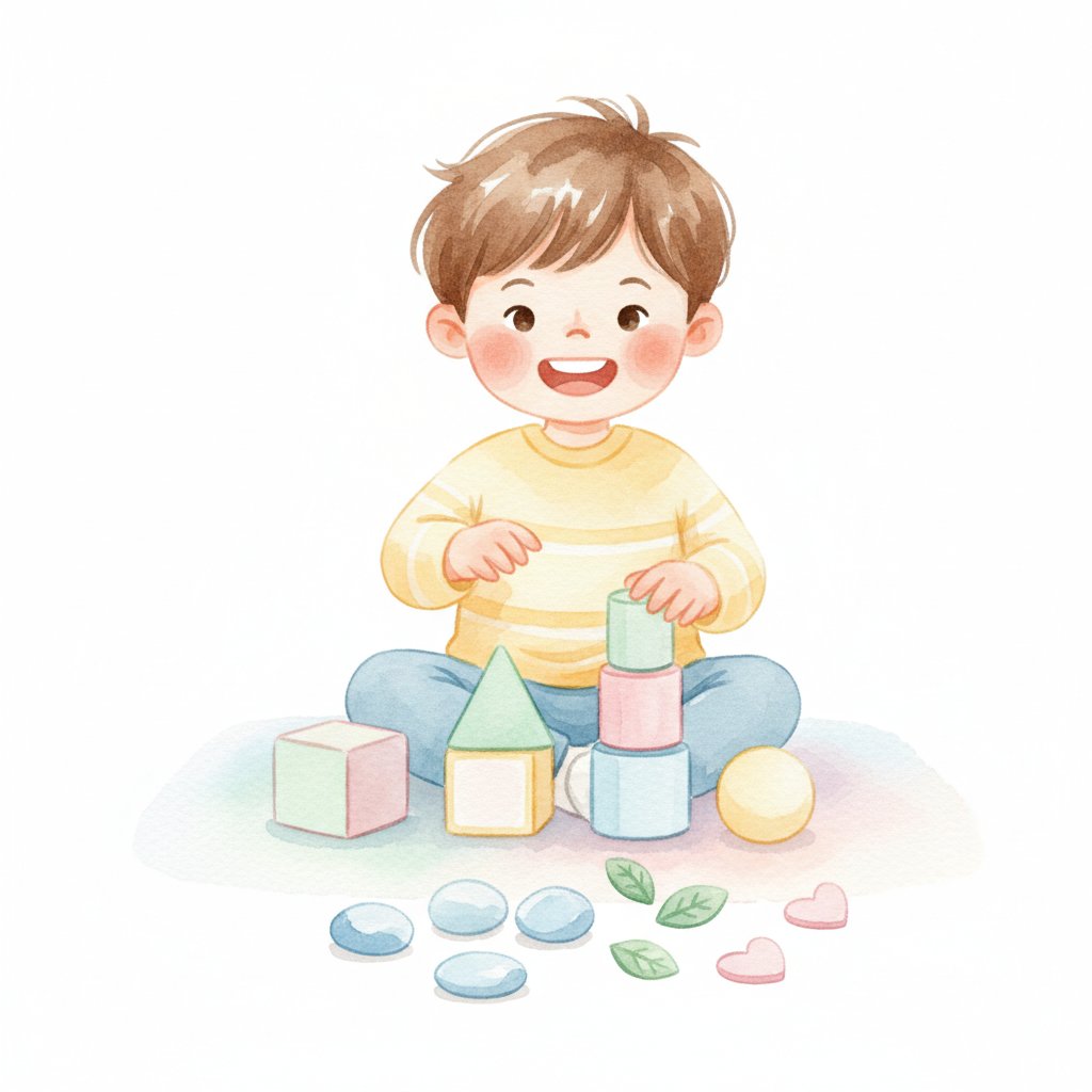 A confident child playing with counting blocks, ready for early math