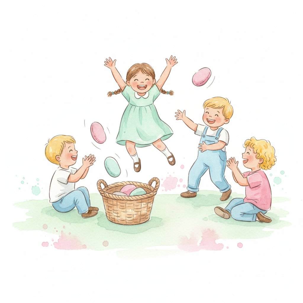 Children playing a beanbag toss game and jumping happily while counting