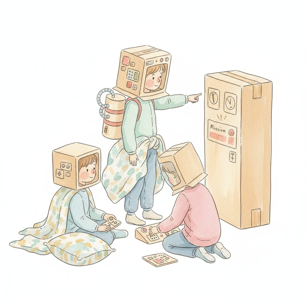 Children playing astronauts with cardboard helmets at mission control