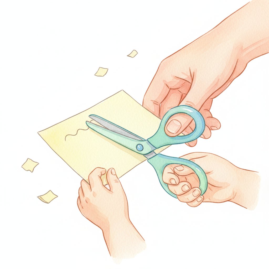 A gentle parent guiding a young childs hands as they learn to use safety scissors together