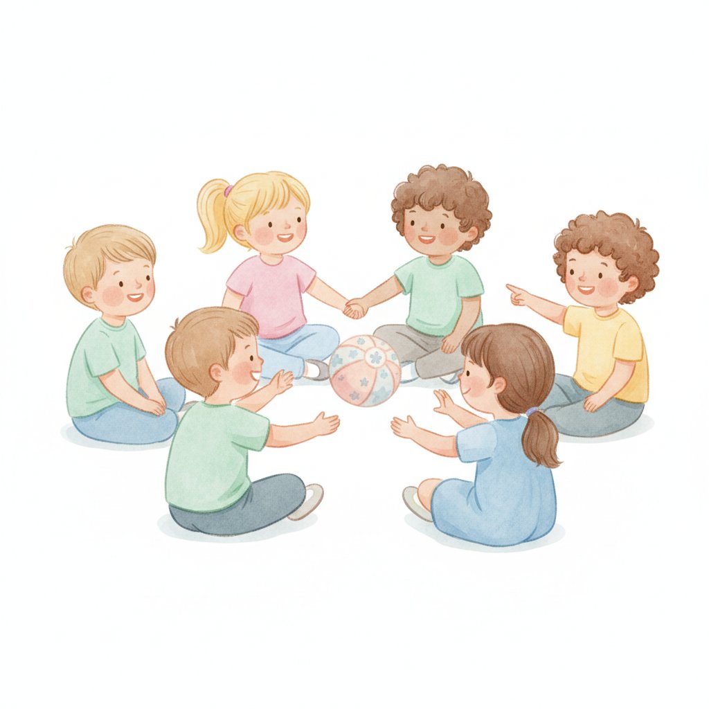 Children in a circle tossing a ball to learn each others names