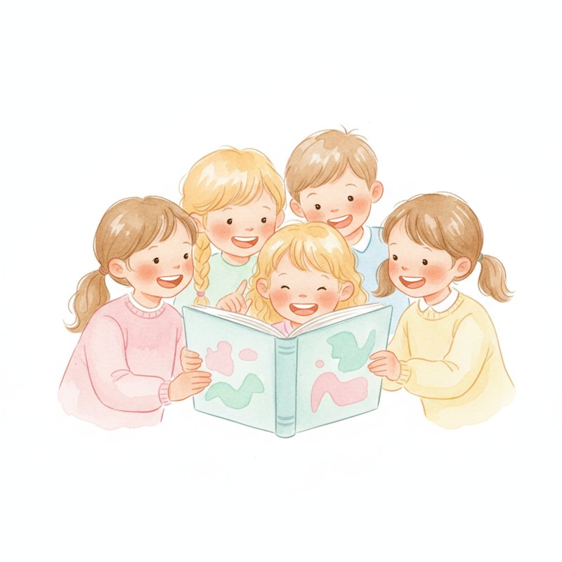 Watercolor illustration of cheerful young children reading a picture book together