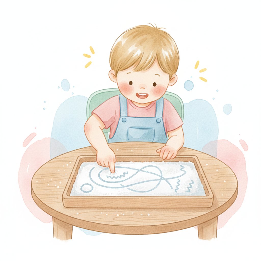 Watercolor illustration of a child tracing lines and circles in a salt tray with a finger