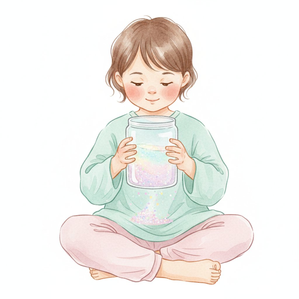 A child holding a calm-down glitter jar and watching the sparkles settle