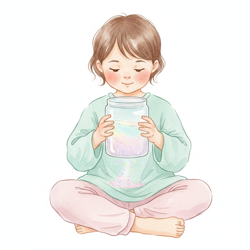 Watercolor illustration of a child holding a calm-down glitter jar and watching the sparkles settle