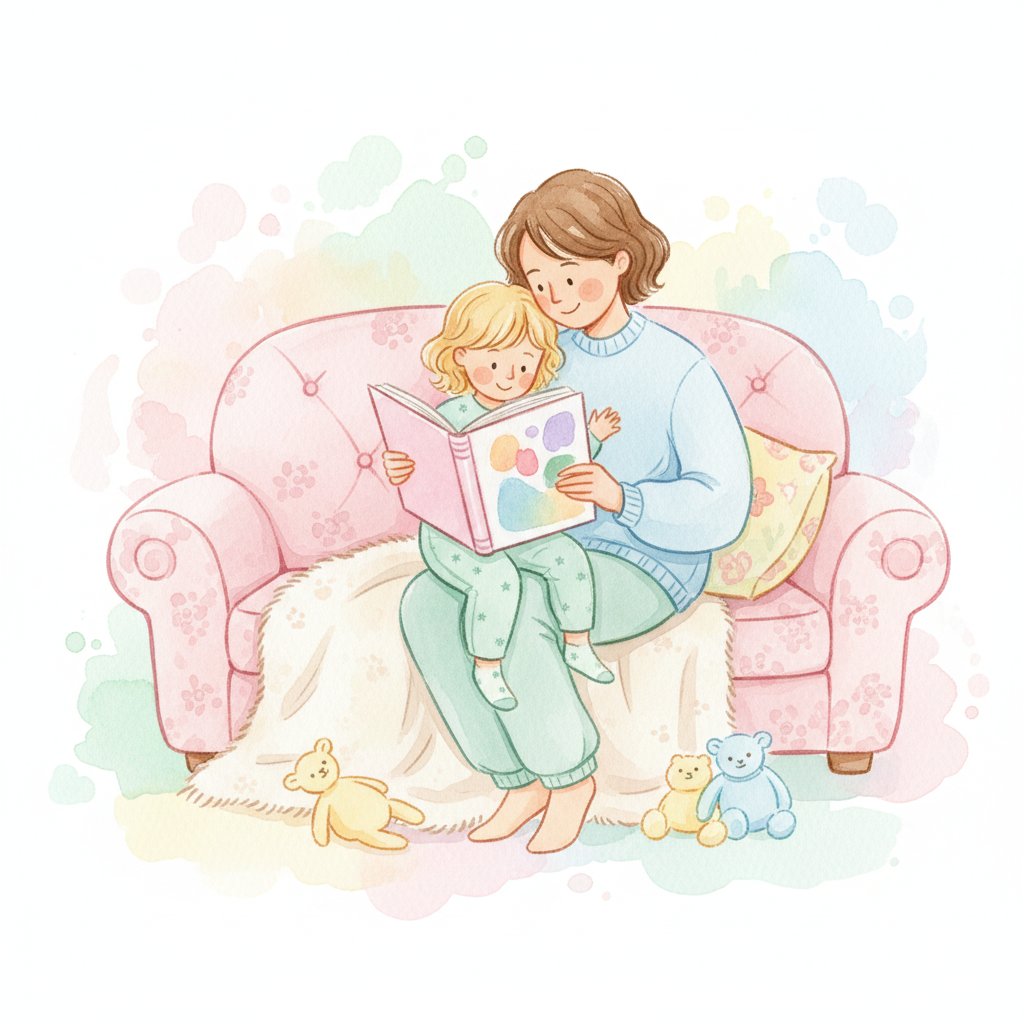 A parent and child reading together on a cozy sofa at home