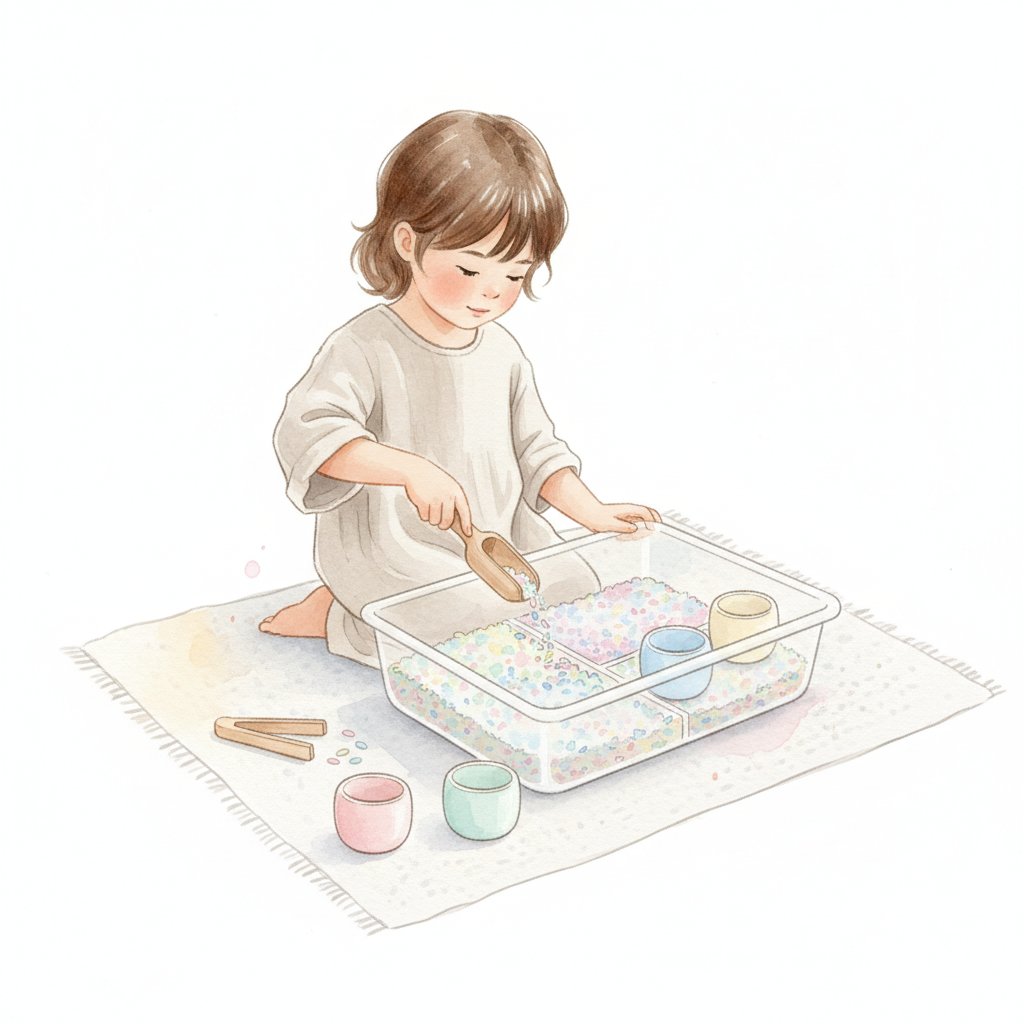 Child scooping and sorting brightly coloured rice in a sensory bin