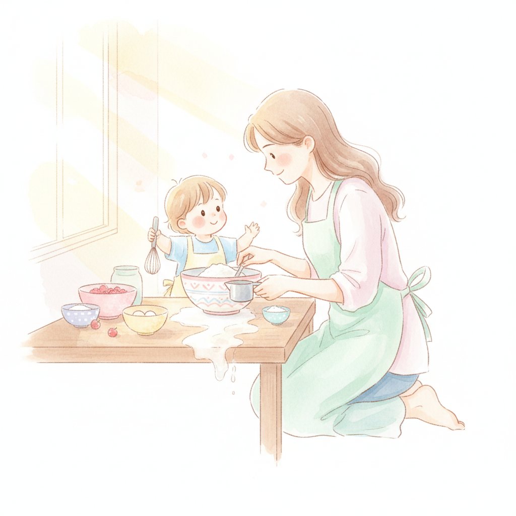 Parent and child baking and measuring together in the kitchen