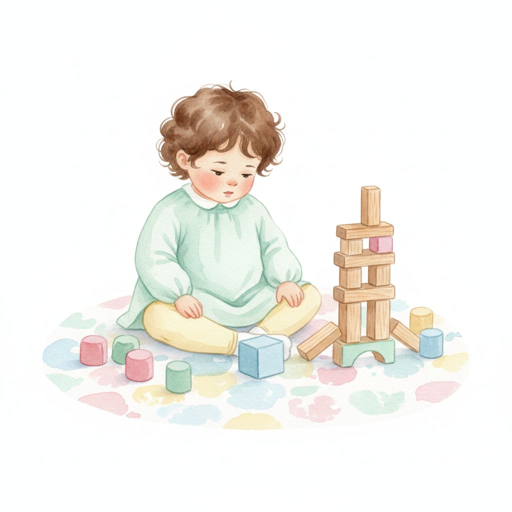 A young child looking thoughtfully at a tall block tower that just tumbled