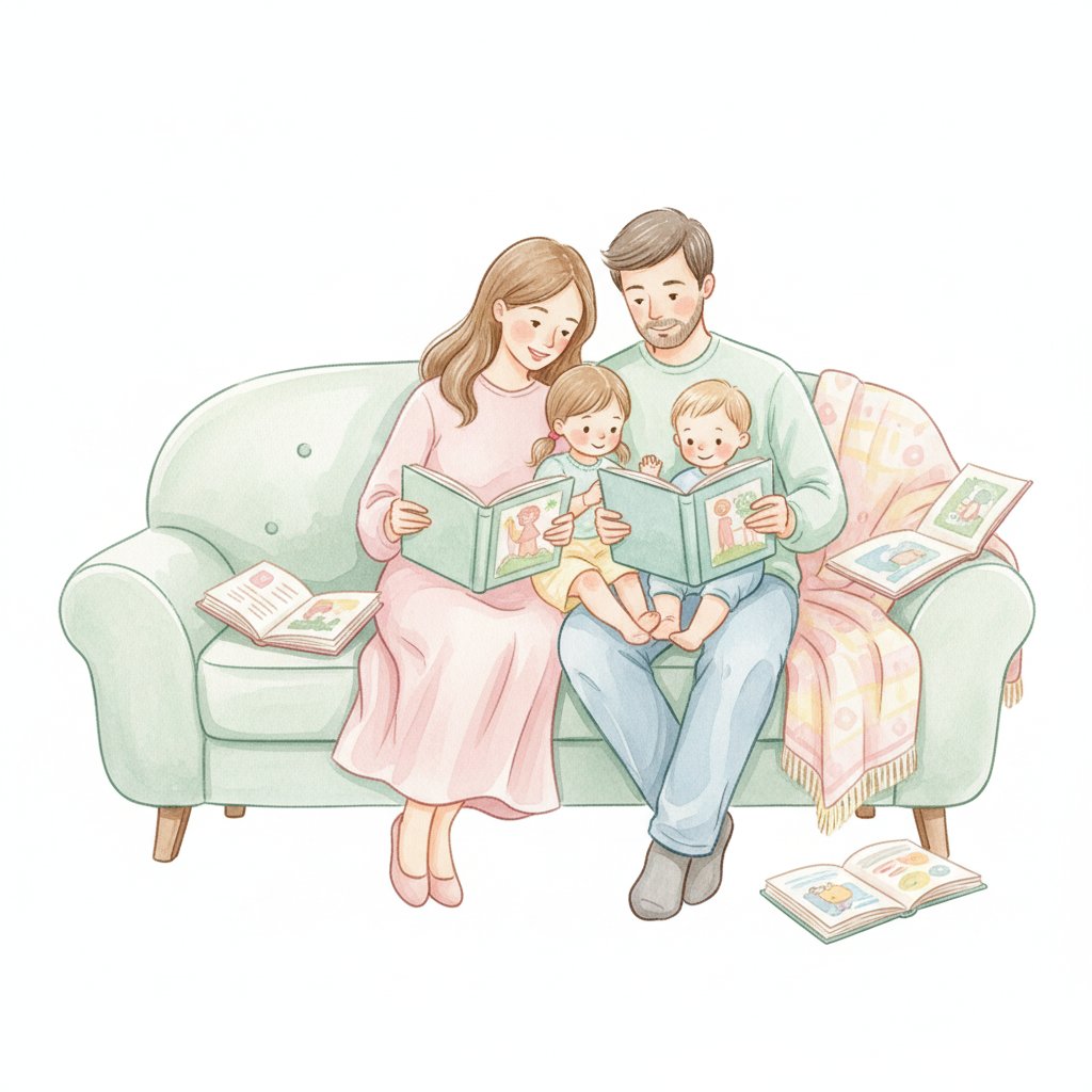 A family reading picture books together on a sofa at home