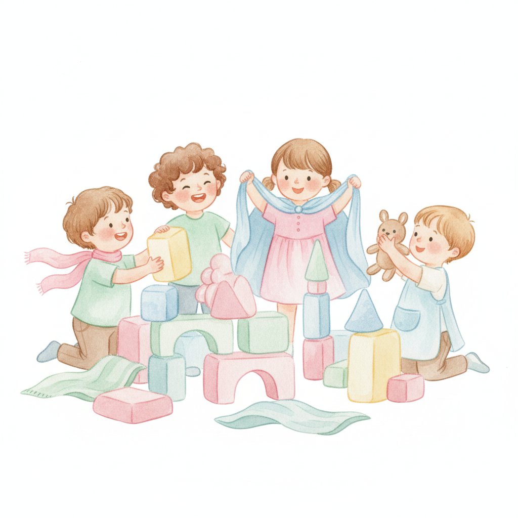 Children in imaginative pretend play building with blocks and props