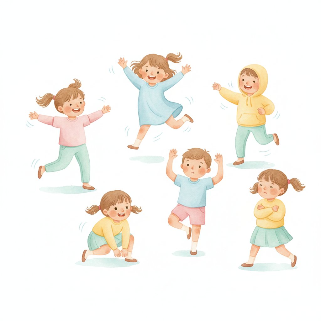 Watercolor of cheerful preschoolers playing freeze dance, some dancing and some frozen