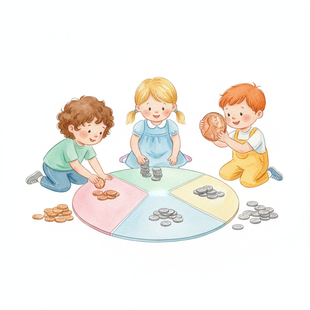 Watercolor of cheerful preschoolers sorting and stacking coins on a mat