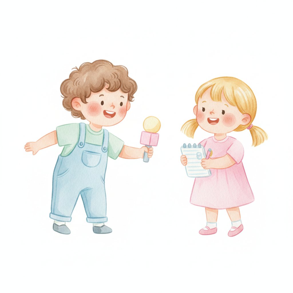 Child interviewing a friend with a pretend toy microphone
