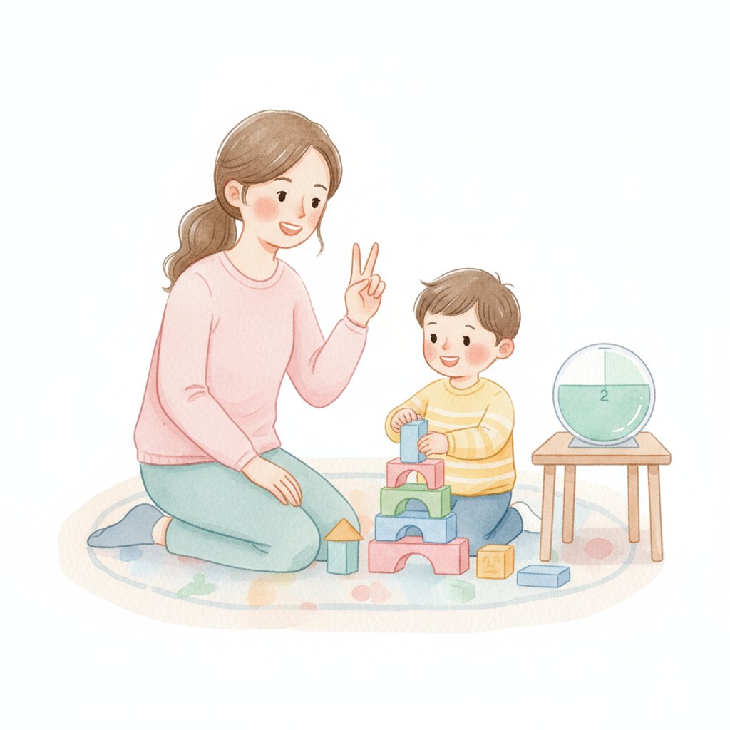 Teacher giving a young child a gentle two-minute warning beside a visual timer