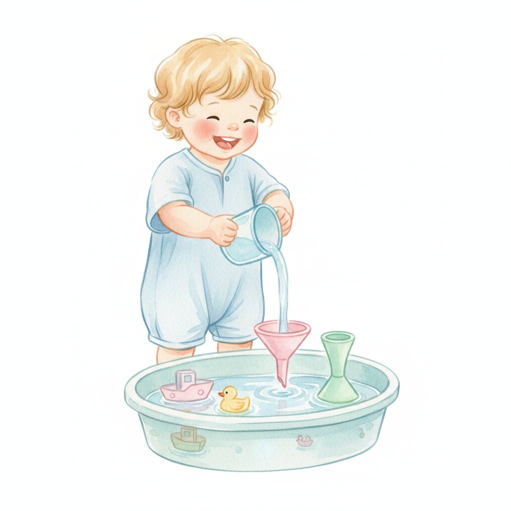 A toddler pouring water between cups and funnels in a shallow bin