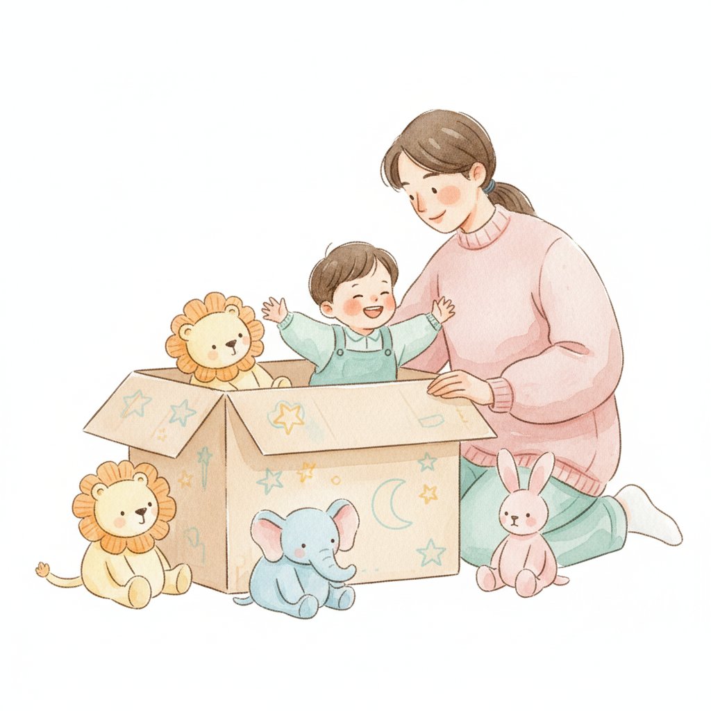 Watercolor illustration of a parent and child playing make-believe at home with a cardboard fort