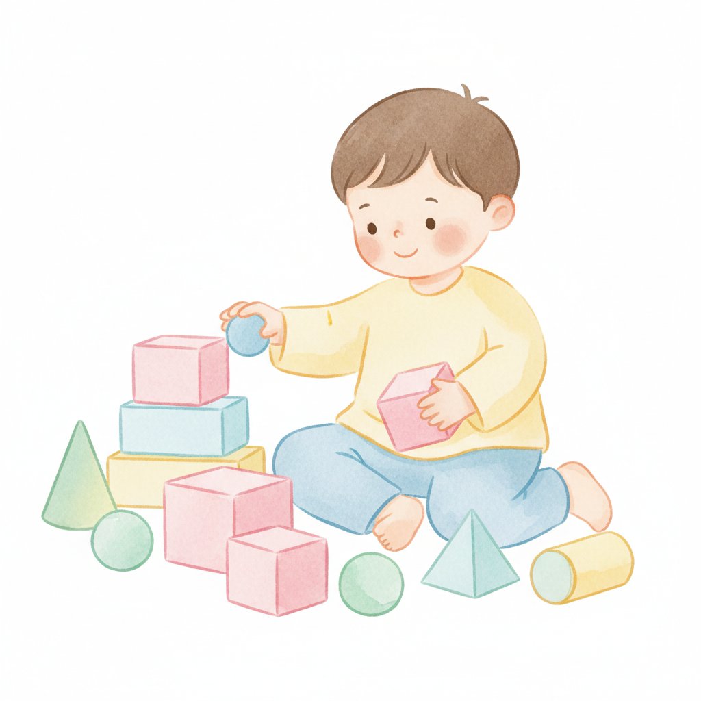 Child exploring 3D shape blocks, balls and boxes