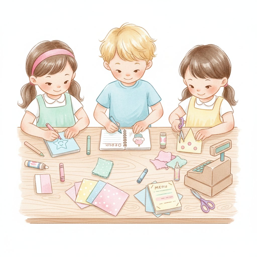 Children making handmade props and notepads at a craft table for their play center