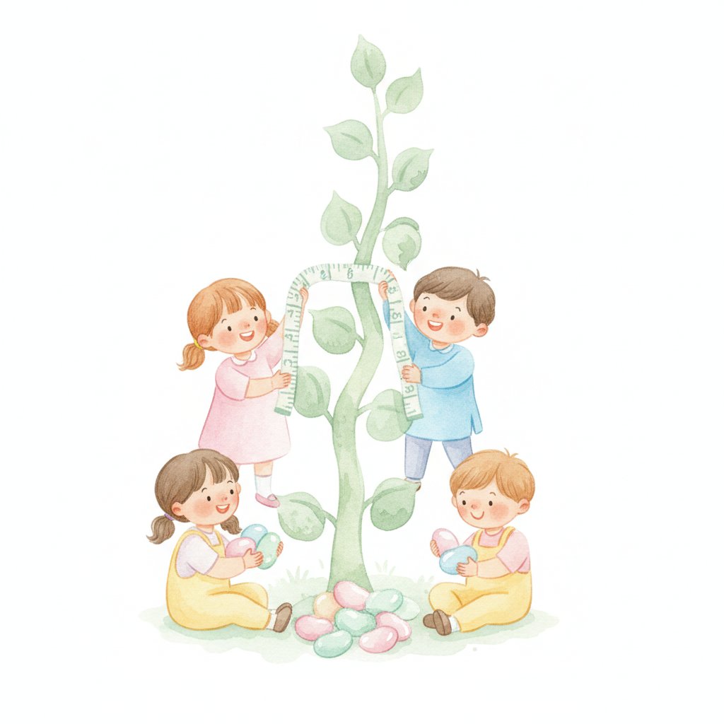 Children measuring a tall paper beanstalk and counting magic beans