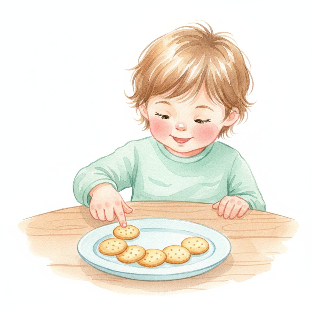 A child pointing at and counting a row of crackers one by one