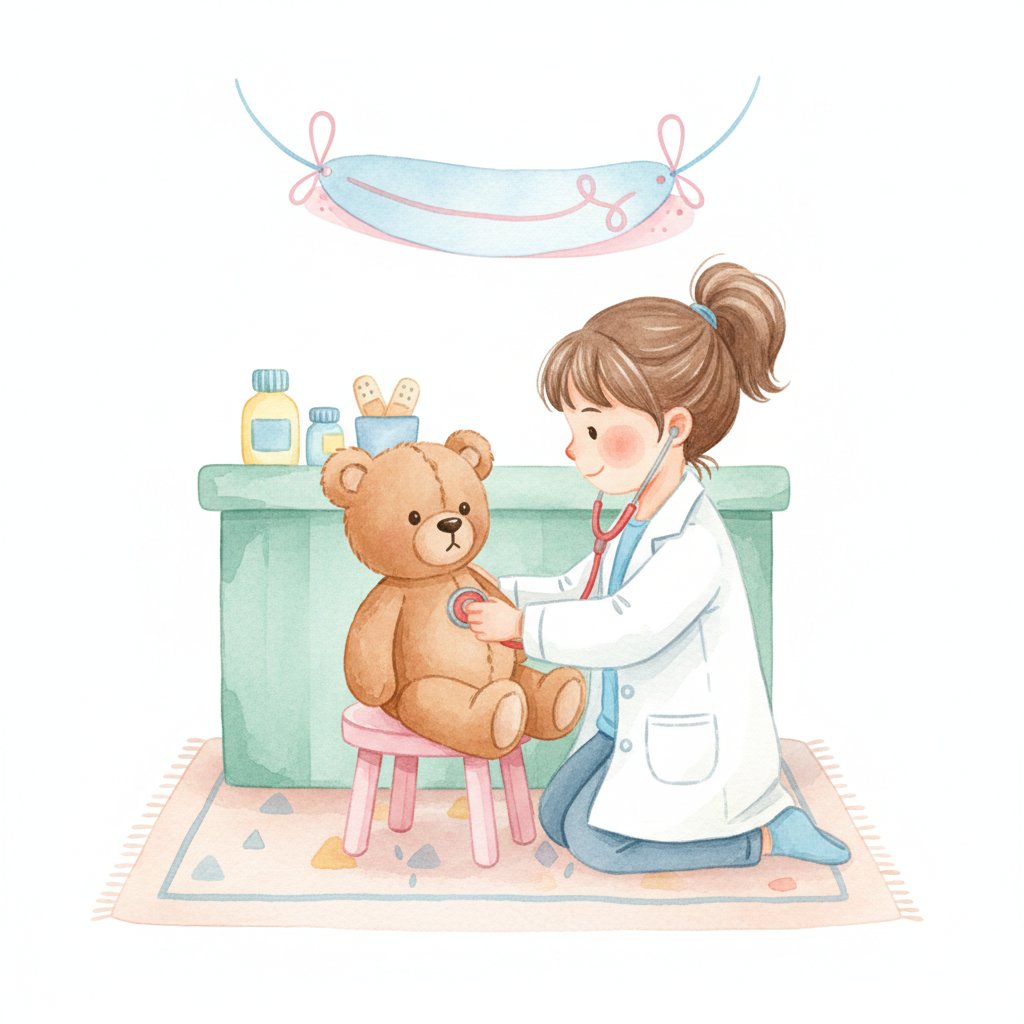 Watercolor illustration of a child playing veterinarian with a stuffed animal and toy stethoscope
