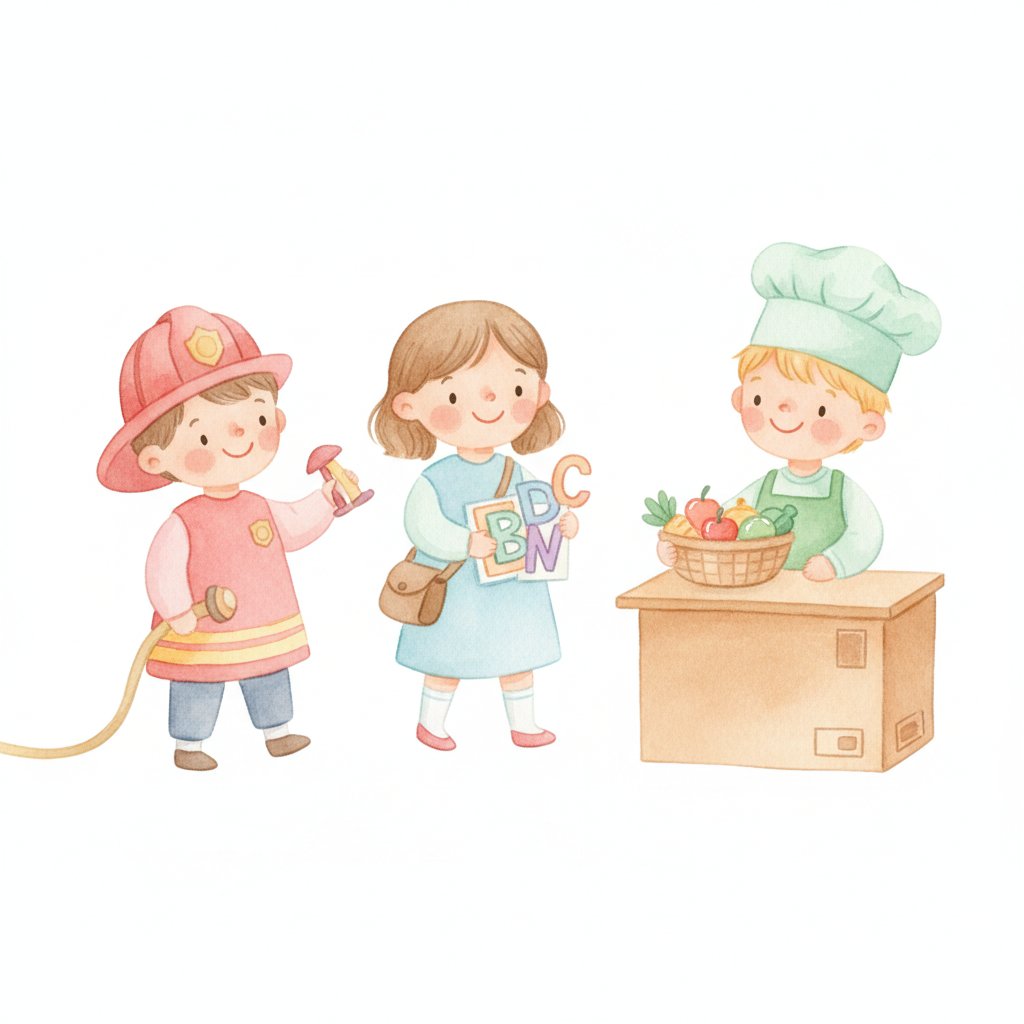 Children dressed as community helpers playing firefighter, mail carrier and grocer