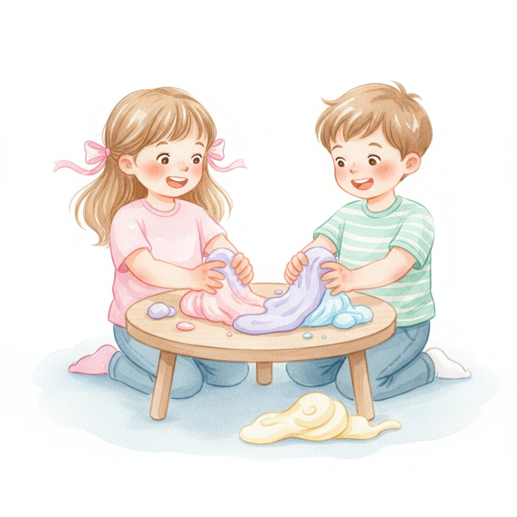 Watercolor illustration of children mixing two colors of playdough together