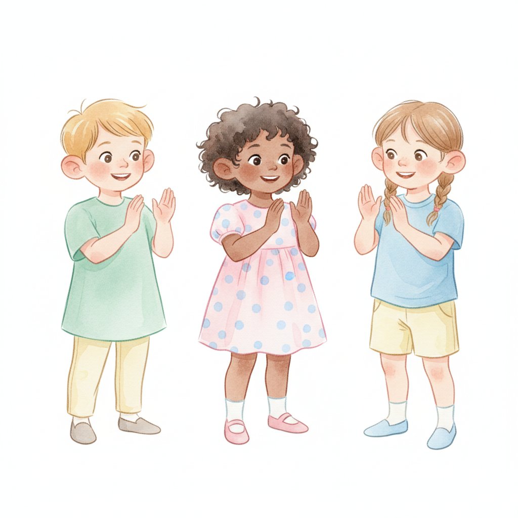 Watercolor of cheerful preschoolers listening and clapping out a rhythm