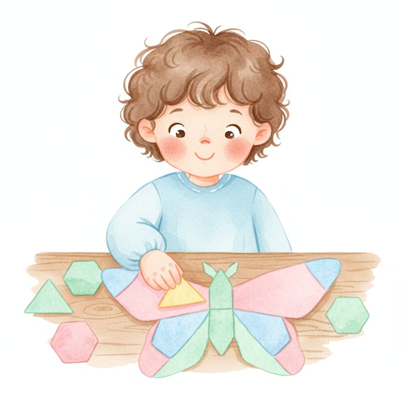 Watercolor illustration of a child arranging colorful pattern blocks into a butterfly design