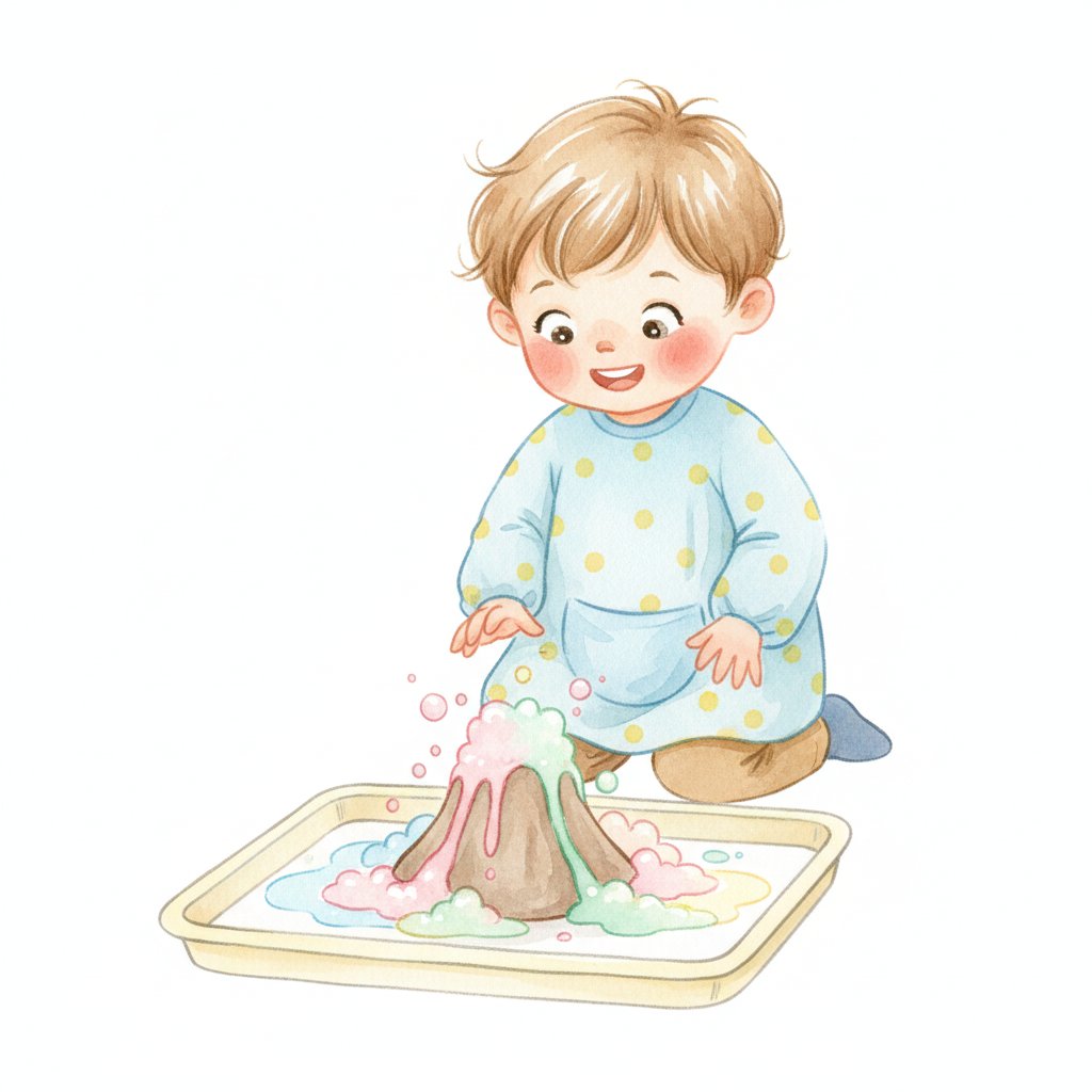 A young child watching with delight as a baking soda volcano erupts with bubbly colorful foam